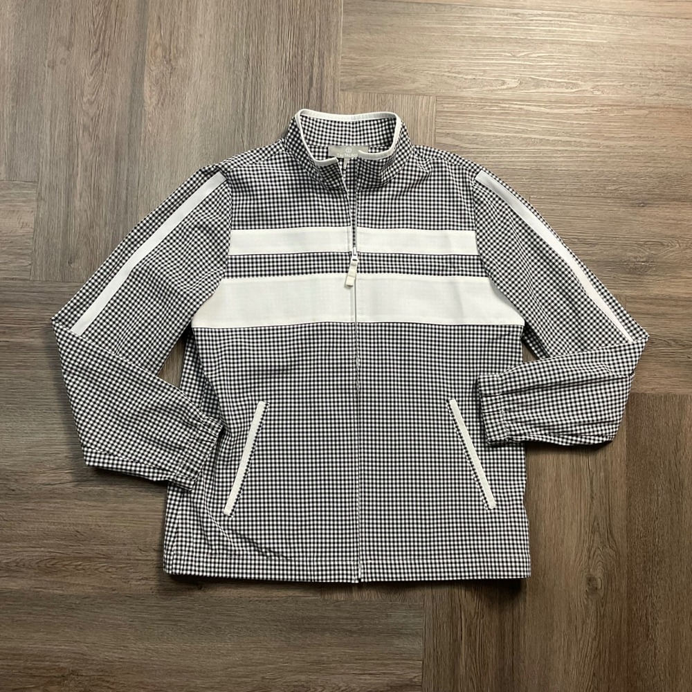 T by Talbots Jacket Womens Medium Black White Gingham Full Zip Cottage Preppy